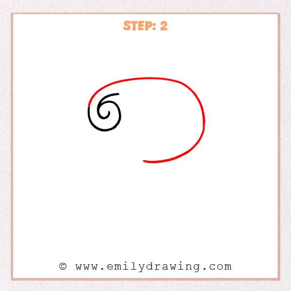 how to draw a fancy letter p - Step 2 of a fancy letter P, showing a central spiral with a large outer loop added around it.